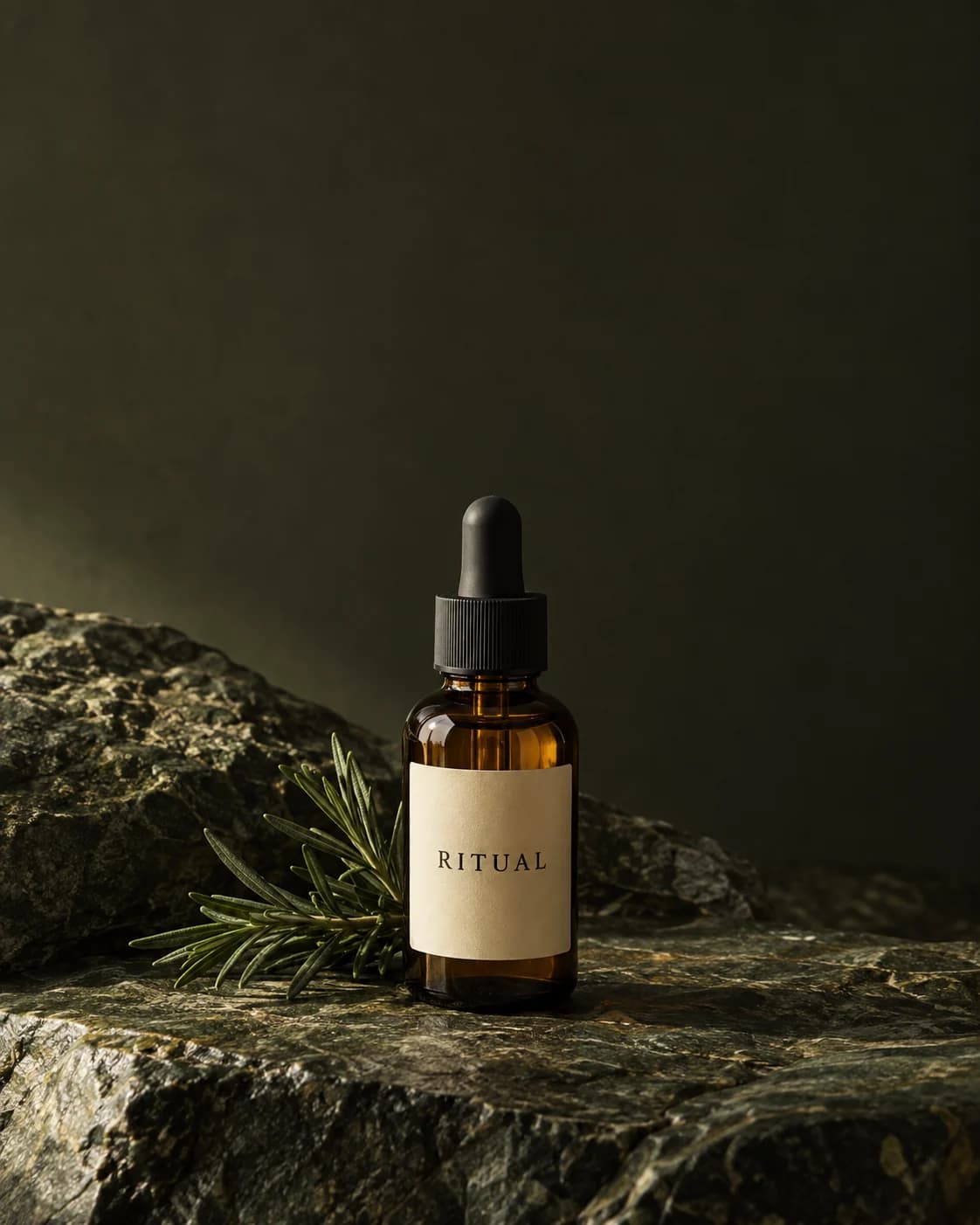Illustrative oil bottle with rosemary on a dark olive background