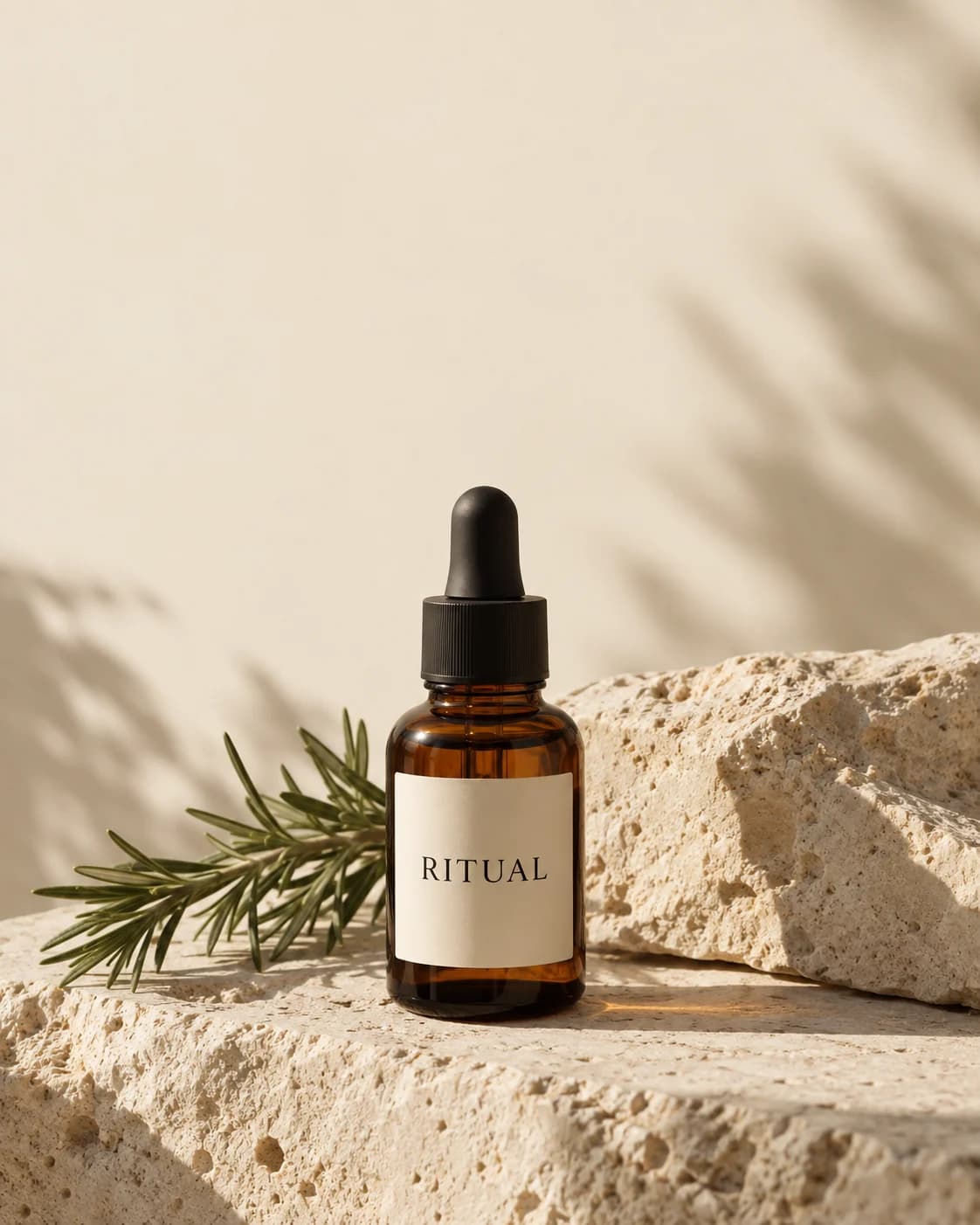 Illustrative amber oil bottle on a sunlit stone surface